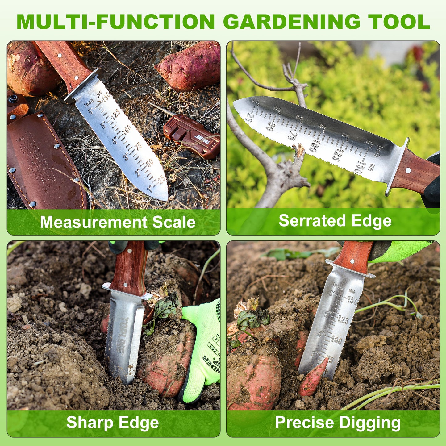 TOPLINE Hori Hori Garden Knife with Sharpener and Sharpening Stone Included