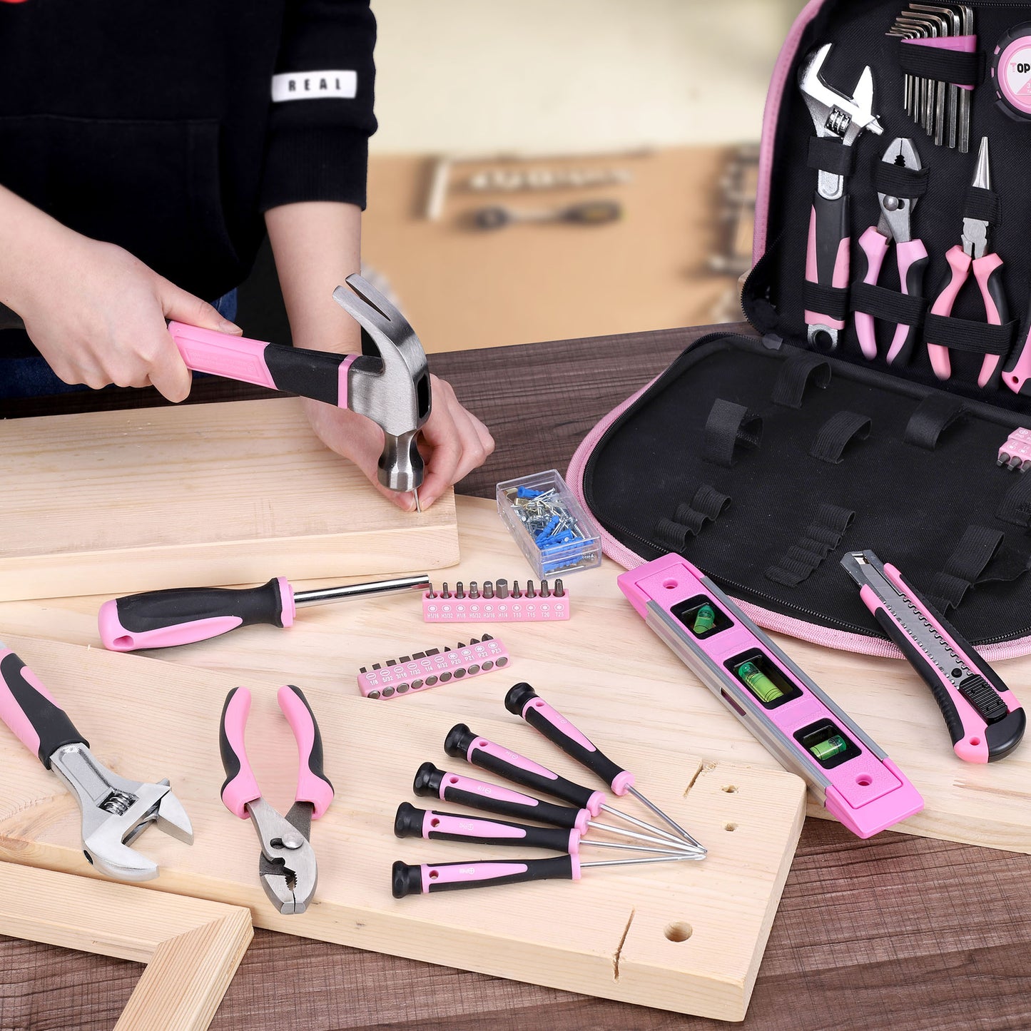 TOPLINE 208-Piece Ladies Pink Tool Set with Easy Carrying Round Pouch