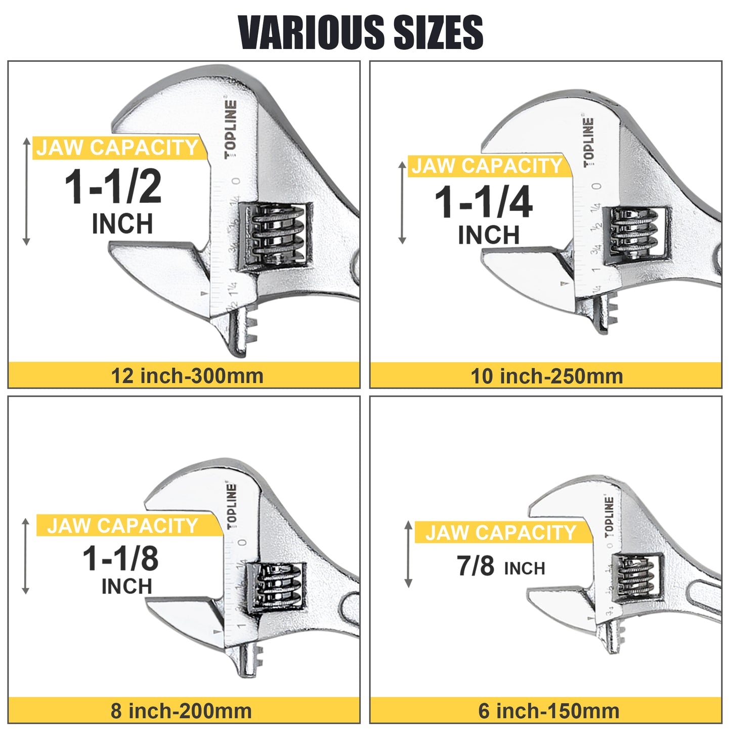 TOPLINE 4-Piece Yellow Adjustable Wrench Set for Plumbing and Basic Home Maintenance