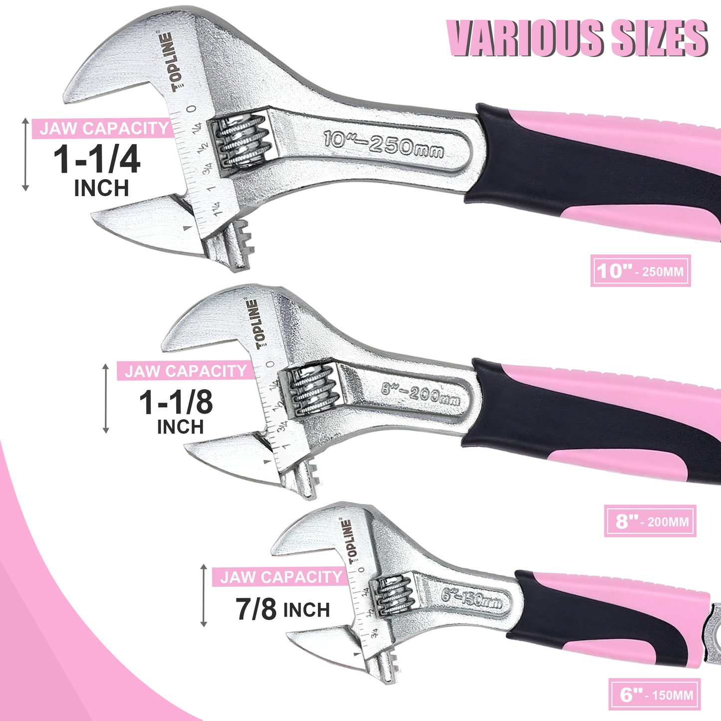 TOPLINE 3-Piece Pink Adjustable Wrench Set for Plumbing and Basic Home Maintenance