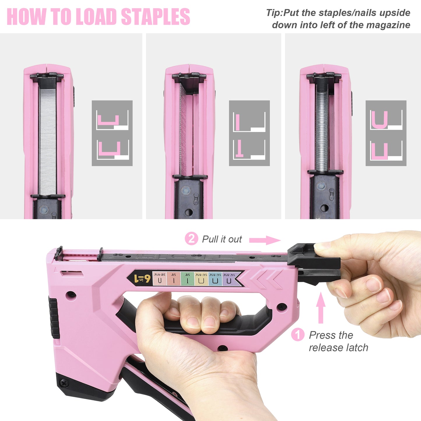 TOPLINE 6-IN-1 Pink Staple Gun, Included 4000 Staples and 2000 Brad Nails